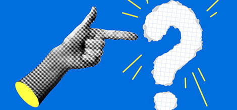 Modern collage with pointing hand and question mark